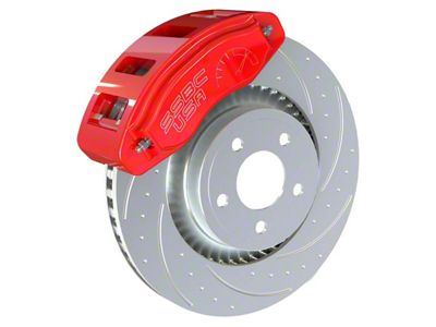 SSBC-USA R6-Redline Front 6-Piston Direct Fit Caliper and Semi-Metallic Brake Pad Upgrade Kit with Dimple Drilled/Slotted Rotors; Red Calipers (05-14 Mustang)