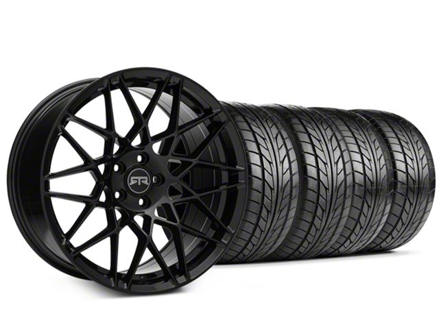 Staggered RTR Tech Mesh Gloss Black Wheel and NITTO NT555 G2 Tire Kit; 19x9.5/10.5 (05-14 Mustang GT w/o Performance Pack, V6)