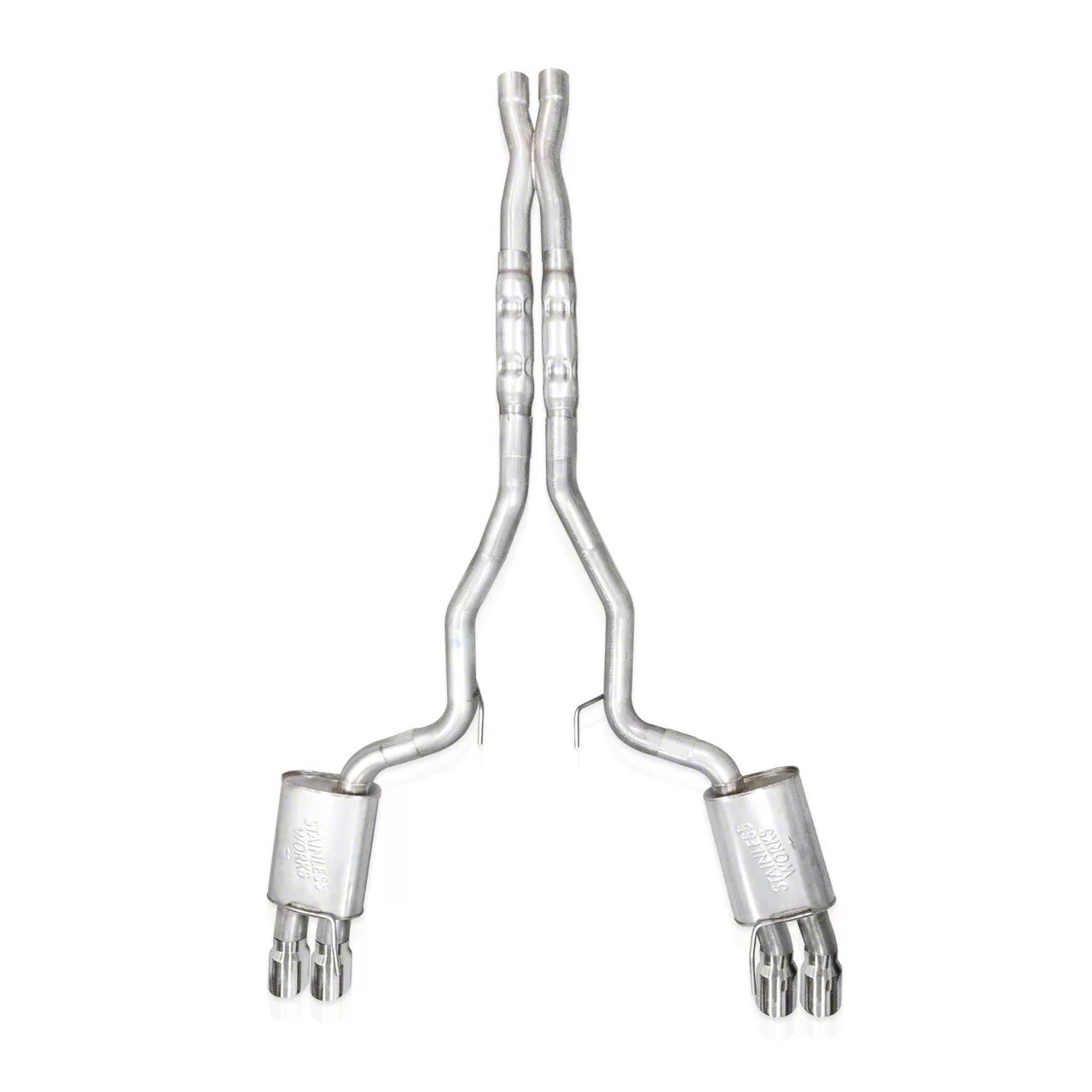 Stainless Works Legend Series Cat-Back Exhaust with X-Pipe and Quad Tips; Factory Connect (2024 Mustang GT Fastback w/ Active Exhaust, Dark Horse)