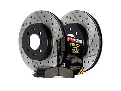 StopTech Truck Axle Slotted and Drilled Brake Rotor and Pad Kit; Front (10-15 Camaro LS, LT)