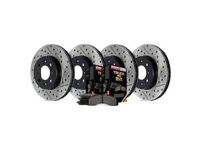 StopTech Truck Axle Slotted and Drilled Brake Rotor and Pad Kit; Front and Rear (10-15 Camaro LS, LT)