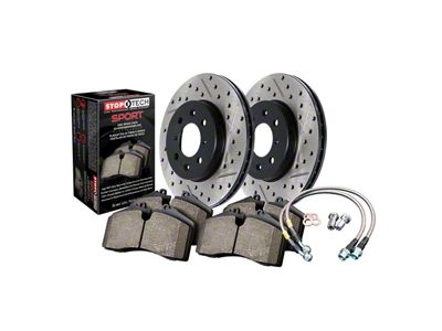 StopTech Sport Axle Drilled and Slotted Brake Rotor and Pad Kit; Front (10-15 Camaro LS, LT)