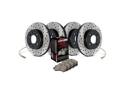 StopTech Sport Axle Drilled and Slotted Brake Rotor and Pad Kit; Front and Rear (10-15 Camaro LS, LT)