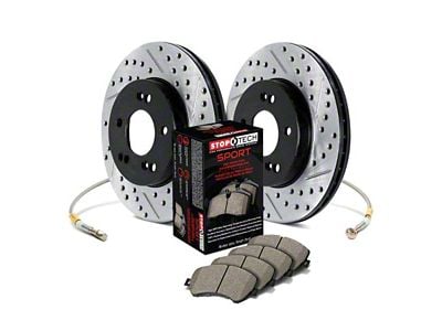 StopTech Sport Axle Drilled and Slotted Brake Rotor, Pad and Brake Line Kit; Front (98-02 Camaro)