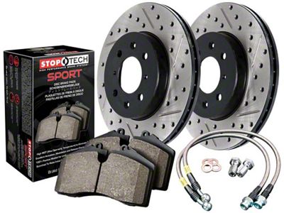 StopTech Sport Axle Drilled and Slotted Brake Rotor and Pad Kit; Front and Rear (10-15 Camaro SS)