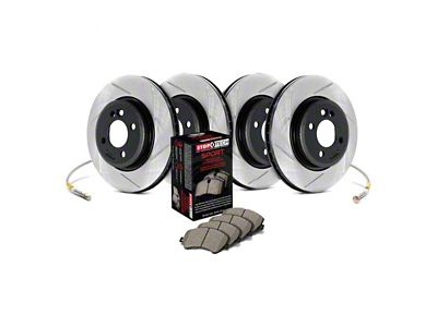 StopTech Sport Axle Slotted Brake Rotor, Pad and Brake Line Kit; Front and Rear (98-02 Camaro)
