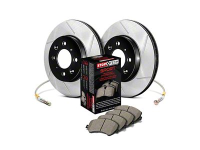 StopTech Sport Axle Slotted Brake Rotor, Pad and Brake Line Kit; Rear (93-97 Camaro w/ Rear Disc Brakes)