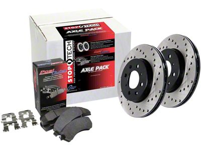 StopTech Street Axle Drilled Brake Rotor and Pad Kit; Front (16-24 Camaro LS & LT w/ 4-Piston Front Calipers; 20-24 Camaro LT1)