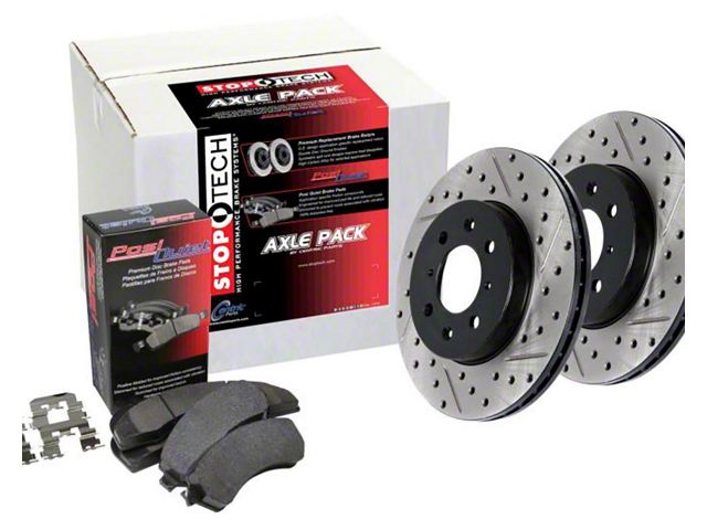 StopTech Street Axle Drilled and Slotted Brake Rotor and Pad Kit; Front (16-24 Camaro LS & LT w/ 4-Piston Front Calipers; 20-24 Camaro LT1)