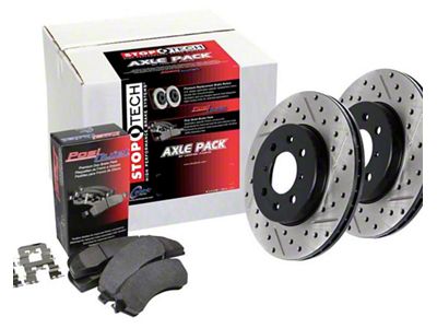 StopTech Street Axle Drilled and Slotted Brake Rotor and Pad Kit; Front (16-24 Camaro LS & LT w/ 4-Piston Front Calipers; 20-24 Camaro LT1)