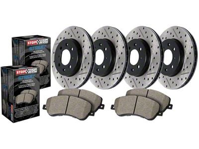 StopTech Street Axle Drilled and Slotted Brake Rotor and Pad Kit; Front and Rear (10-15 Camaro SS)