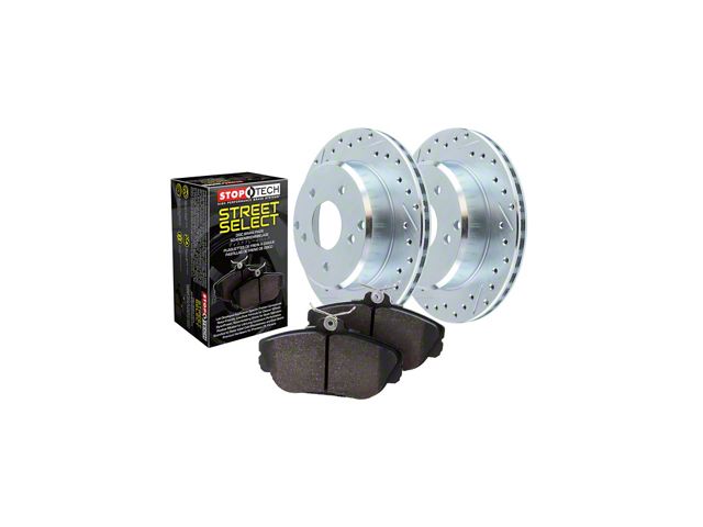StopTech Sport Axle Drilled and Slotted Brake Rotor and Pad Kit; Front (09-11 Challenger R/T w/ Vented Rear Rotors; 12-16 Challenger w/ Performance Brakes; 17-23 Challenger w/ Dual Piston Front Calipers)