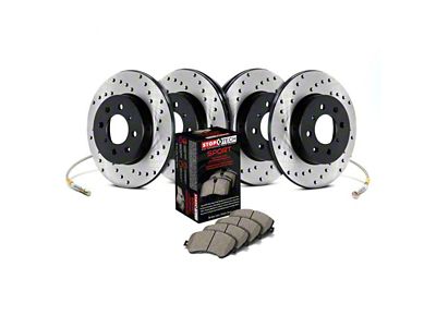StopTech Sport Axle Drilled Brake Rotor and Pad Kit; Front and Rear (13-15 V6 Challenger w/ Touring Brakes)