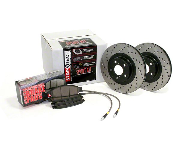 StopTech Sport Axle Drilled Brake Rotor and Pad Kit; Front and Rear (09-11 V6 Challenger w/ Solid Rear Rotors; 11-15 V6 Challenger w/ Touring Brakes)