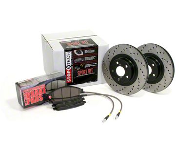 StopTech Sport Axle Drilled Brake Rotor and Pad Kit; Front and Rear (09-11 V6 Challenger w/ Solid Rear Rotors; 11-15 V6 Challenger w/ Touring Brakes)