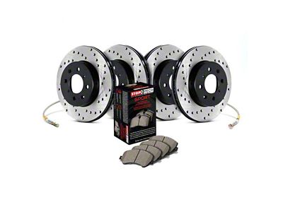 StopTech Sport Axle Drilled Brake Rotor and Pad Kit; Front and Rear (13-16 5.7L HEMI & V6 Challenger w/ Performance Brakes; 17-23 6.4L HEMI Challenger w/ 4-Piston Front Calipers)