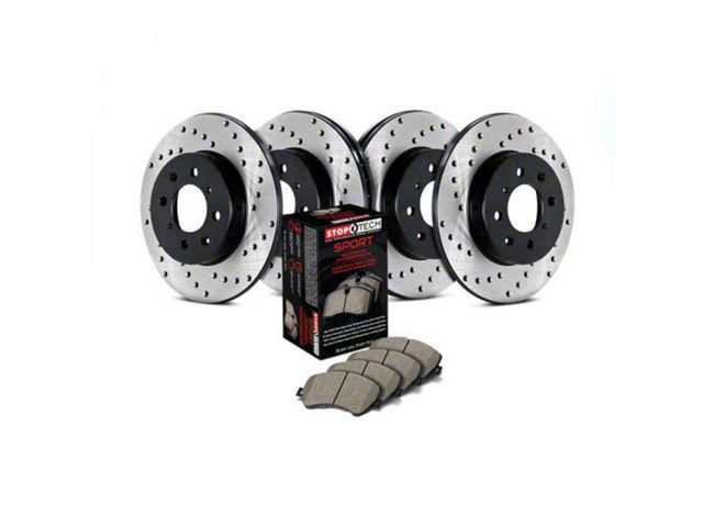 StopTech Sport Axle Drilled Brake Rotor and Pad Kit; Front and Rear (09-11 V6 Challenger w/ Solid Rear Rotors; 11-16 V6 Challenger w/ Touring Brakes; 17-23 V6 Challenger w/ Single Piston Front Calipers)