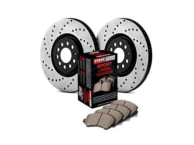 StopTech Sport Axle Drilled Brake Rotor and Pad Kit; Rear (09-11 V6 Challenger w/ Solid Rear Rotors; 11-16 V6 Challenger w/ Touring Brakes; 17-23 V6 Challenger w/ Single Piston Front Calipers)