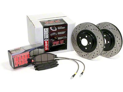 StopTech Sport Axle Drilled and Slotted Brake Rotor and Pad Kit; Front and Rear (09-11 V6 Challenger w/ Solid Rear Rotors; 11-15 V6 Challenger w/ Touring Brakes)