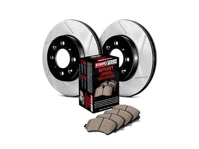 StopTech Sport Axle Slotted Brake Rotor and Pad Kit; Front (09-11 V6 Challenger w/ Solid Rear Rotors; 11-16 V6 Challenger w/ Touring Brakes; 17-23 V6 Challenger w/ Single Piston Front Calipers)