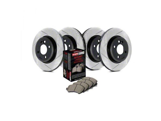 StopTech Sport Axle Slotted Brake Rotor and Pad Kit; Front and Rear (09-11 V6 Challenger w/ Solid Rear Rotors; 11-16 V6 Challenger w/ Touring Brakes; 17-23 V6 Challenger w/ Single Piston Front Calipers)