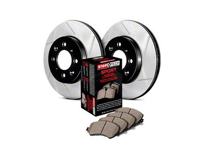 StopTech Sport Axle Slotted Brake Rotor and Pad Kit; Rear (09-11 V6 Challenger w/ Solid Rear Rotors; 11-16 V6 Challenger w/ Touring Brakes; 17-23 V6 Challenger w/ Single Piston Front Calipers)