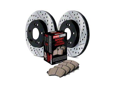StopTech Sport Axle Slotted and Drilled Brake Rotor and Pad Kit; Front (09-11 V6 Challenger w/ Solid Rear Rotors; 11-16 V6 Challenger w/ Touring Brakes; 17-23 V6 Challenger w/ Single Piston Front Calipers)