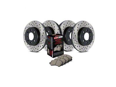StopTech Sport Axle Slotted and Drilled Brake Rotor and Pad Kit; Front and Rear (09-11 V6 Challenger w/ Solid Rear Rotors; 11-16 V6 Challenger w/ Touring Brakes; 17-23 V6 Challenger w/ Single Piston Front Calipers)
