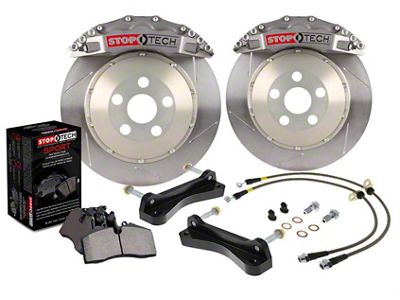 StopTech ST-40 Trophy Sport Drilled Coated 2-Piece Front Big Brake Kit; Silver Calipers (2009 Challenger R/T)