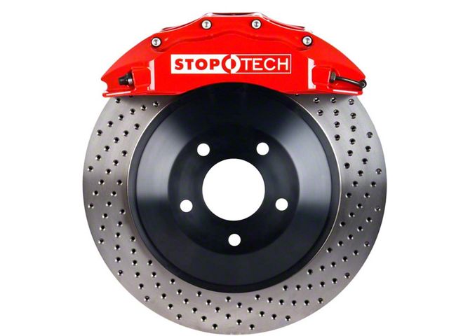 StopTech ST-60 Touring Drilled 1-Piece Front Big Brake Kit; Red Calipers (08-15 6.1L HEMI, 6.4L HEMI Challenger)