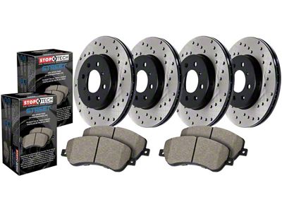 StopTech Street Axle Drilled Brake Rotor and Pad Kit; Front and Rear (09-11 V6 Challenger w/ Solid Rear Rotors; 11-16 V6 Challenger w/ Touring Brakes; 17-23 V6 Challenger w/ Single Piston Front Calipers)