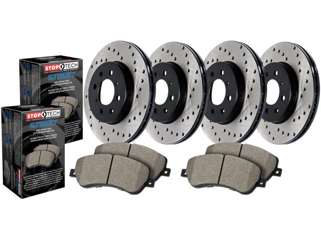 StopTech Street Axle Drilled Brake Rotor and Pad Kit; Front and Rear (09-11 Challenger R/T w/ Vented Rear Rotors; 12-16 Challenger w/ Performance Brakes; 17-23 Challenger w/ Dual Piston Front Calipers)