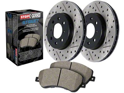 StopTech Street Axle Drilled and Slotted Brake Rotor and Pad Kit; Front (09-11 V6 Challenger w/ Solid Rear Rotors; 11-16 V6 Challenger w/ Touring Brakes; 17-23 V6 Challenger w/ Single Piston Front Calipers)