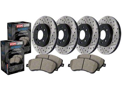 StopTech Street Axle Drilled and Slotted Brake Rotor and Pad Kit; Front and Rear (09-11 V6 Challenger w/ Solid Rear Rotors; 11-16 V6 Challenger w/ Touring Brakes; 17-23 V6 Challenger w/ Single Piston Front Calipers)