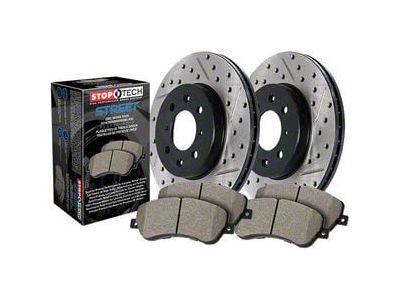 StopTech Street Axle Drilled and Slotted Brake Rotor and Pad Kit; Front and Rear (09-11 Challenger R/T w/ Vented Rear Rotors; 12-16 Challenger w/ Performance Brakes; 17-23 Challenger w/ Dual Piston Front Calipers)