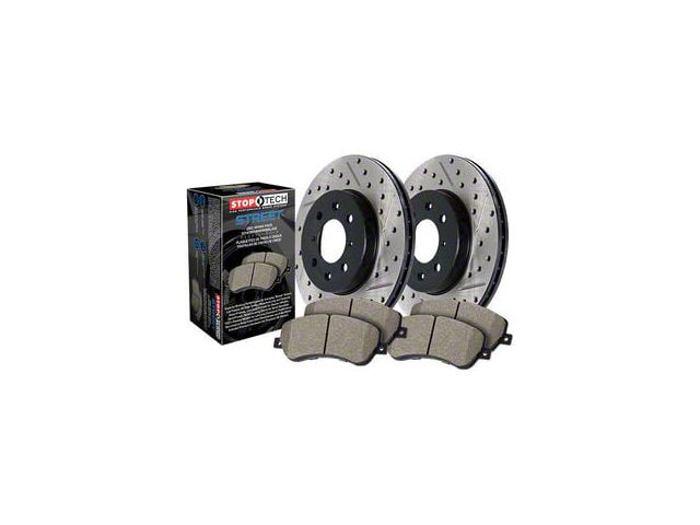 StopTech Street Axle Drilled and Slotted Brake Rotor and Pad Kit; Front and Rear (09-11 Challenger R/T w/ Vented Rear Rotors; 12-16 Challenger w/ Performance Brakes; 17-23 Challenger w/ Dual Piston Front Calipers)