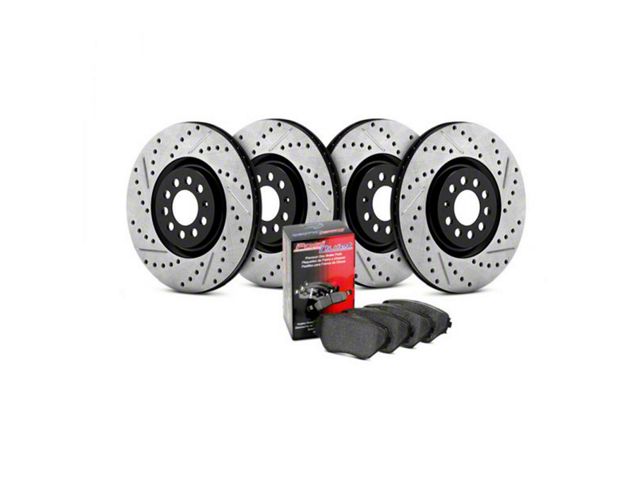 StopTech Street Axle Drilled and Slotted Brake Rotor and Pad Kit; Front and Rear (08-16 6.1L HEMI, 6.2L HEMI, 6.4L HEMI Challenger)