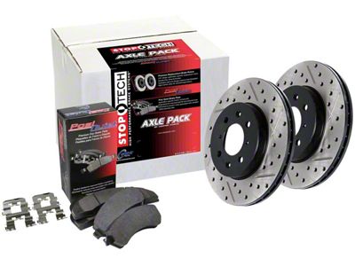 StopTech Street Axle Drilled and Slotted Brake Rotor and Pad Kit; Rear (09-11 V6 Challenger w/ Solid Rear Rotors; 11-16 V6 Challenger w/ Touring Brakes; 17-23 V6 Challenger w/ Single Piston Front Calipers)