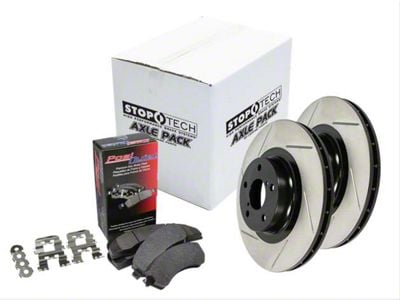 StopTech Street Axle Slotted Brake Rotor and Pad Kit; Front (09-11 V6 Challenger w/ Solid Rear Rotors; 11-16 V6 Challenger w/ Touring Brakes; 17-23 V6 Challenger w/ Single Piston Front Calipers)