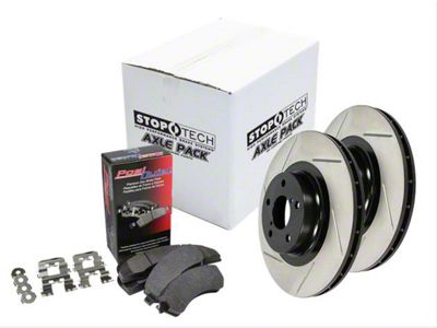 StopTech Street Axle Slotted Brake Rotor and Pad Kit; Front (17-23 5.7L HEMI Challenger w/ Mopar Big Brake Kit)