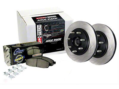 StopTech Truck Axle Slotted Brake Rotor and Pad Kit; Front (09-11 V6 Challenger w/ Solid Rear Rotors; 11-16 V6 Challenger w/ Touring Brakes; 17-23 V6 Challenger w/ Single Piston Front Calipers)