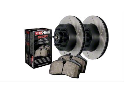 StopTech Truck Axle Slotted Brake Rotor and Pad Kit; Front and Rear (09-11 V6 Challenger w/ Solid Rear Rotors; 11-16 V6 Challenger w/ Touring Brakes; 17-23 V6 Challenger w/ Single Piston Front Calipers)