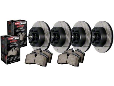 StopTech Truck Axle Slotted Brake Rotor and Pad Kit; Front and Rear (09-11 Challenger R/T w/ Vented Rear Rotors; 12-16 Challenger w/ Performance Brakes; 17-23 Challenger w/ Dual Piston Front Calipers)