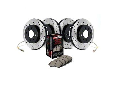 StopTech Sport Axle Drilled Brake Rotor, Pad and Brake Line Kit; Front and Rear (97-04 Corvette C5)