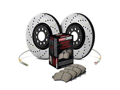 StopTech Sport Axle Drilled Brake Rotor and Pad Kit; Front (05-09 Corvette C6 w/ Z51 Brake Package; 10-11 Corvette C6 Base w/ MagneRide; 12-13 Corvette C6 Base w/ Heavy Duty Brake Package)