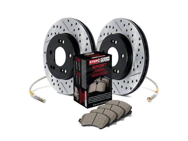 StopTech Sport Axle Drilled and Slotted Brake Rotor and Pad Kit; Front (2014 Corvette C7 Stingray w/ Standard JL9 Brake Package)