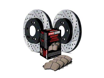 StopTech Sport Axle Slotted and Drilled Brake Rotor and Pad Kit; Front (05-09 Corvette C6 w/ Z51 Brake Package; 10-11 Corvette C6 Base w/ MagneRide; 12-13 Corvette C6 Base w/ Heavy Duty Brake Package)