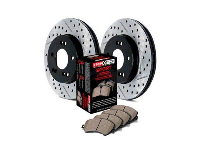StopTech Sport Axle Slotted and Drilled Brake Rotor and Pad Kit; Rear (14-19 Corvette Stingray C7 w/o Z07 Brake Package)