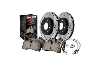 StopTech Sport Axle Drilled Brake Rotor and Pad Kit; Front (94-04 Mustang Cobra, Bullitt, Mach 1)