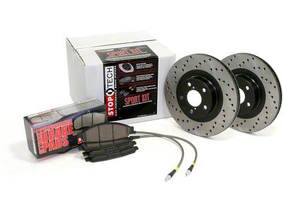 StopTech Sport Axle Drilled Brake Rotor and Pad Kit; Front and Rear (05-10 Mustang GT)